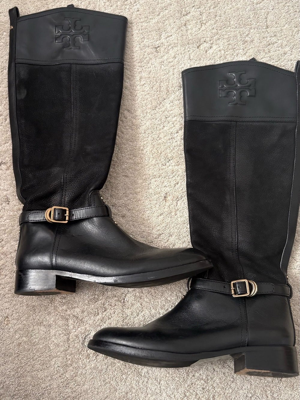Tory Burch Black Leather Riding Boots with Logo Detail